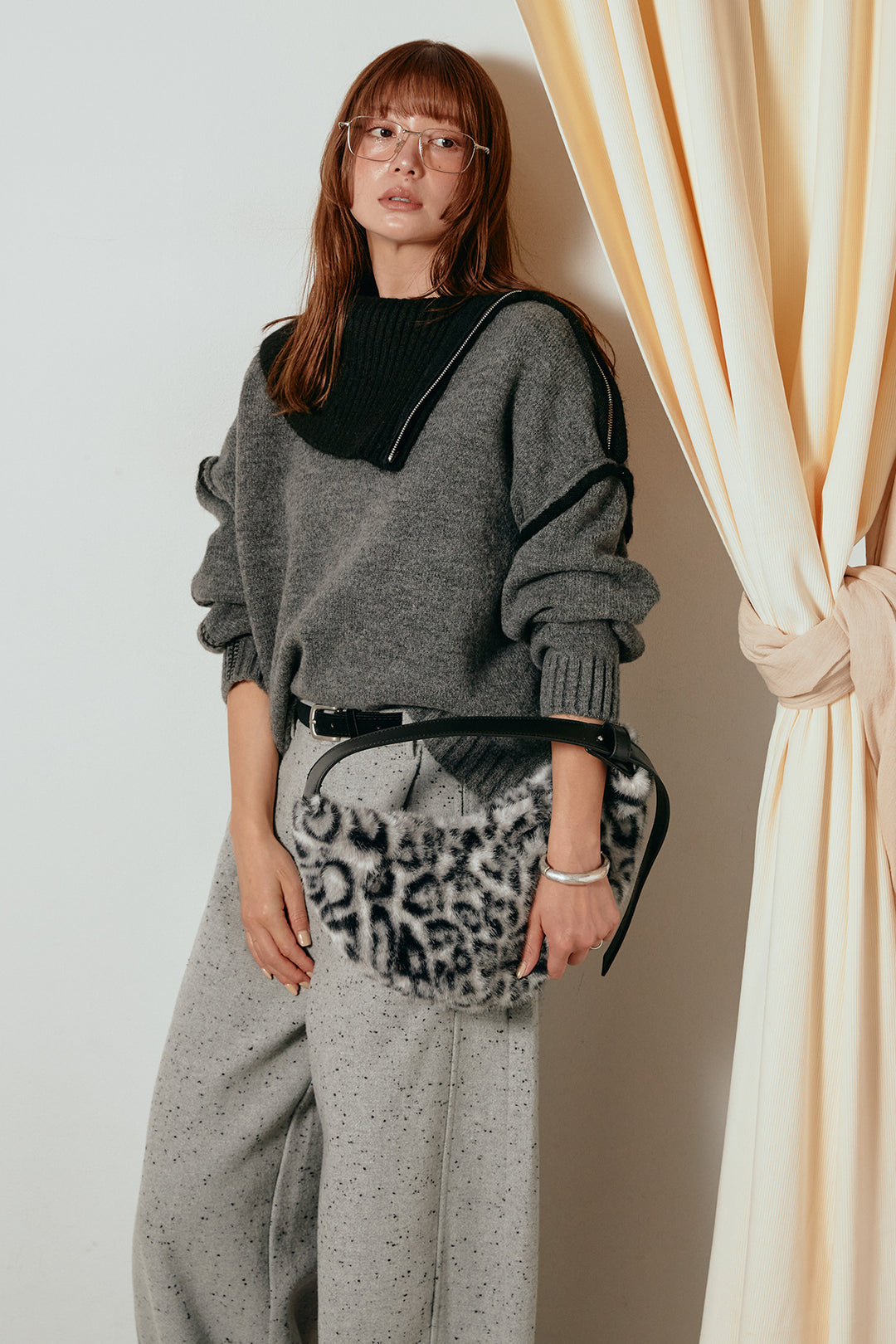 [SET]ハイネックジップデザインニットトップス+ベルト付きネップツイードカーブパンツ(2set)