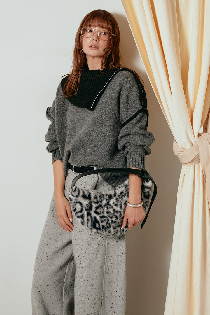 [SET]ハイネックジップデザインニットトップス+ベルト付きネップツイードカーブパンツ(2set)