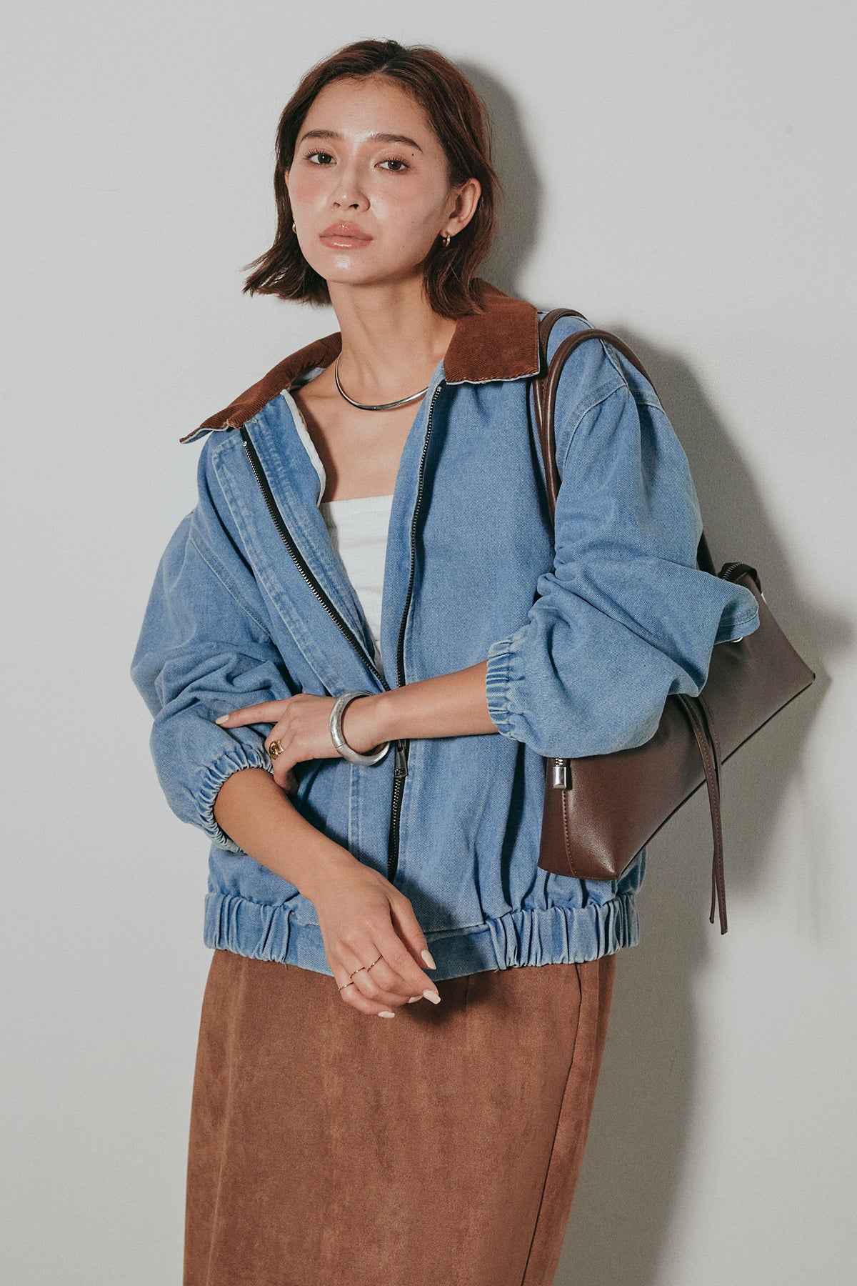 SET]コーデュロイ襟デニムブルゾン+フェイクスウェードタイトスカート