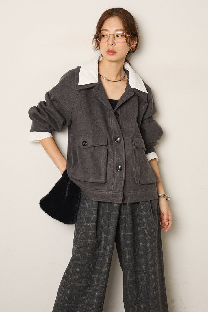 [SET]衿レイヤードフェイクウールジャケット+ウールライクチェックタックパンツ(2set)
