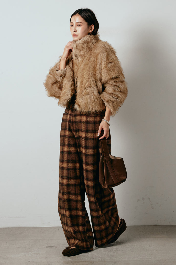 [SET]エコファーショート丈ブルゾン+ルーズタータンチェックワイドパンツ(2set)