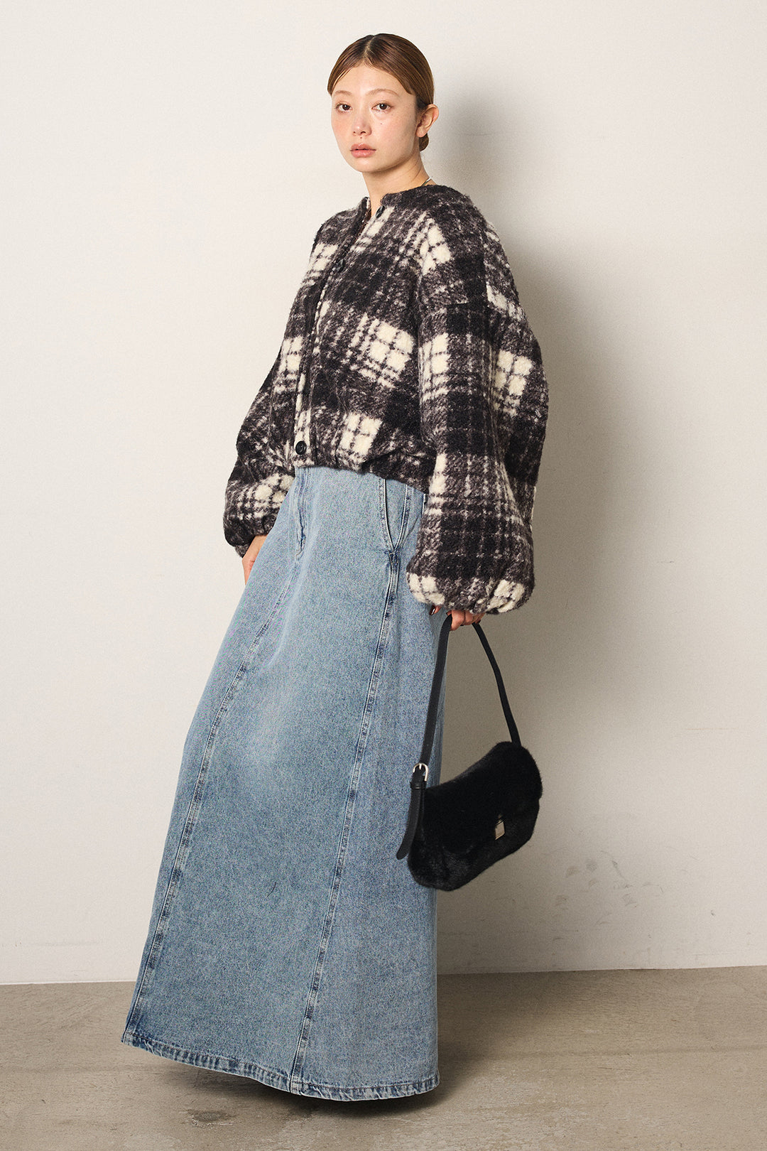 [SET]ノーカラーチェック柄ボアブルゾン+デニムロングフレアスカート(2set)