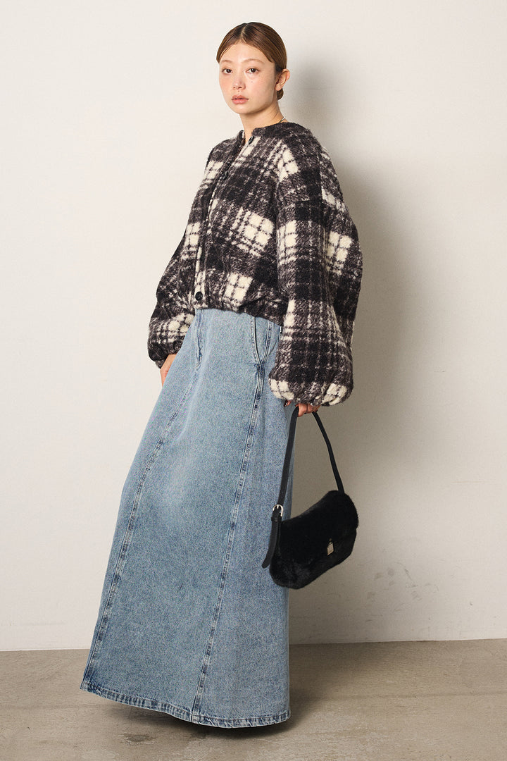[SET]ノーカラーチェック柄ボアブルゾン+デニムロングフレアスカート(2set)