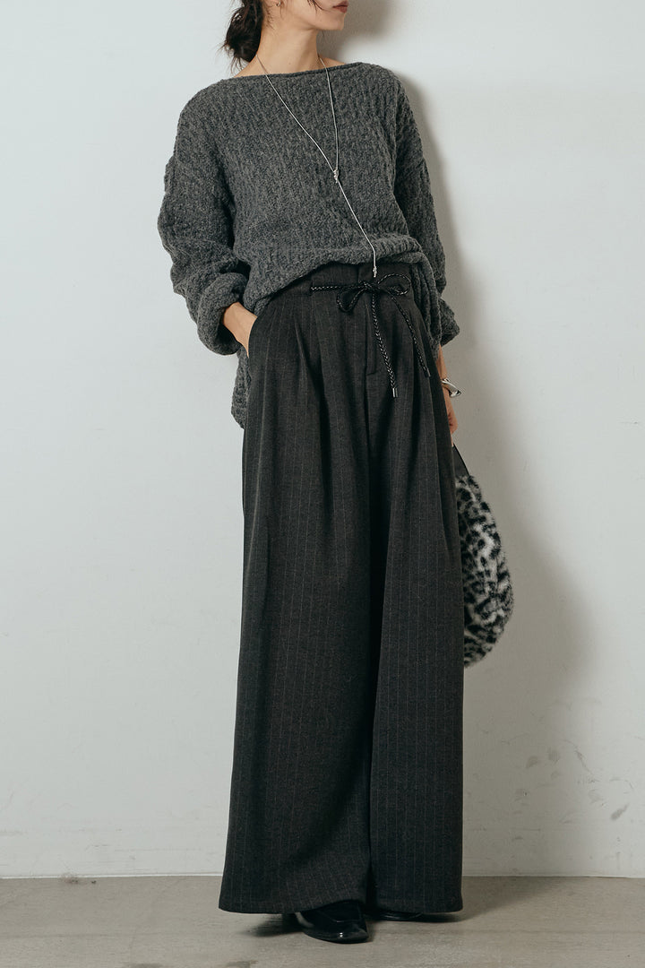 [SET]ボリューム編みニットプルオーバー+編みベルト付きピンストライプワイドパンツ(2set)