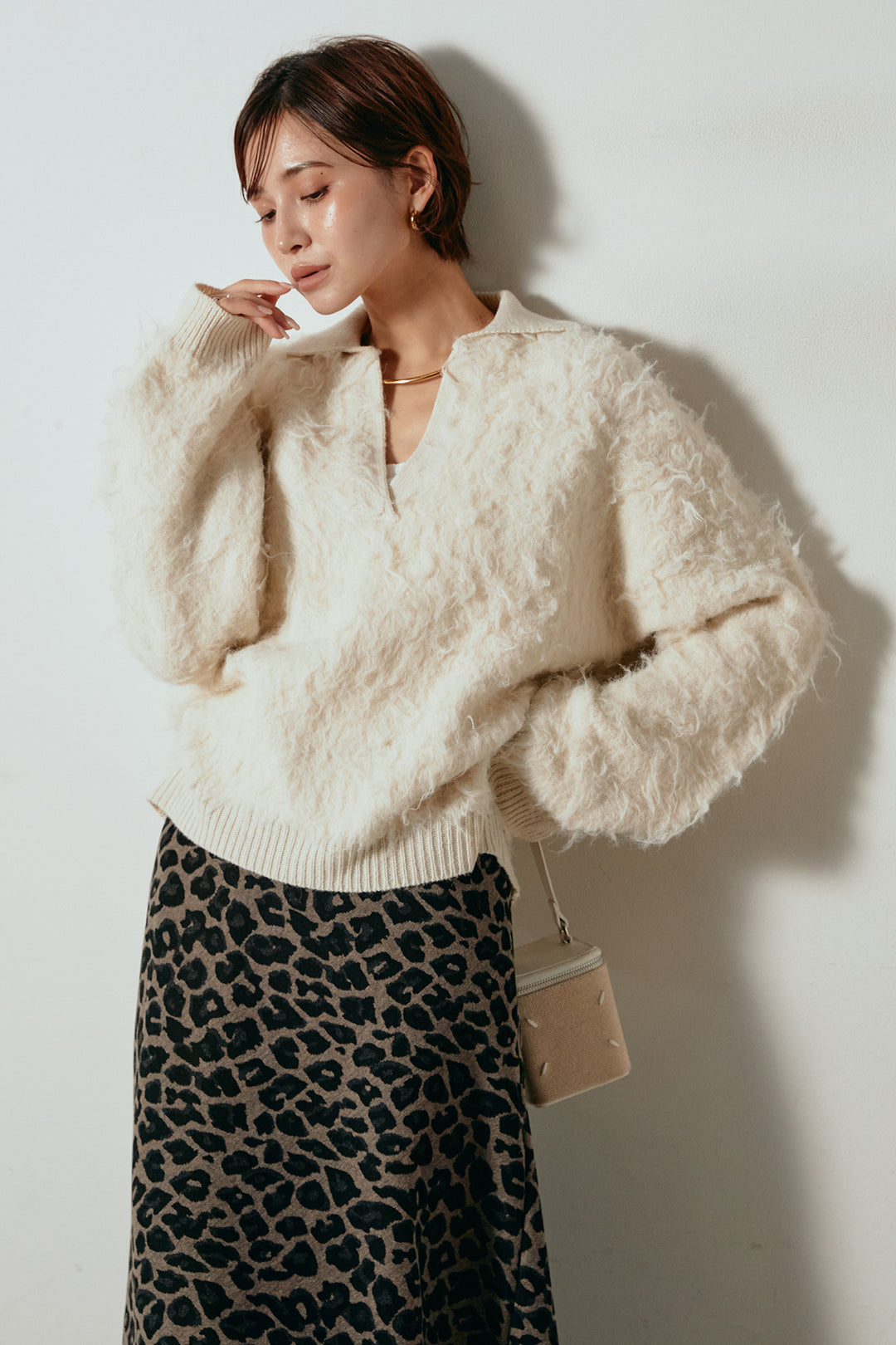 [SET]襟付きシャギーニットポロトップス+レオパードロングスカート(2set)