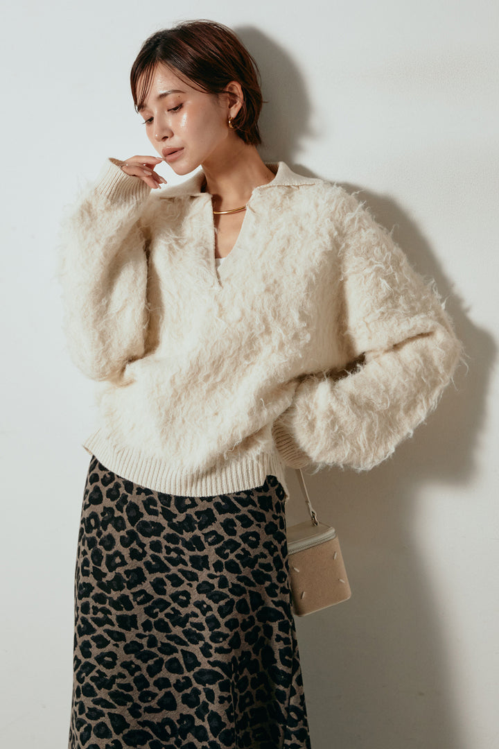 [SET]襟付きシャギーニットポロトップス+レオパードロングスカート(2set)