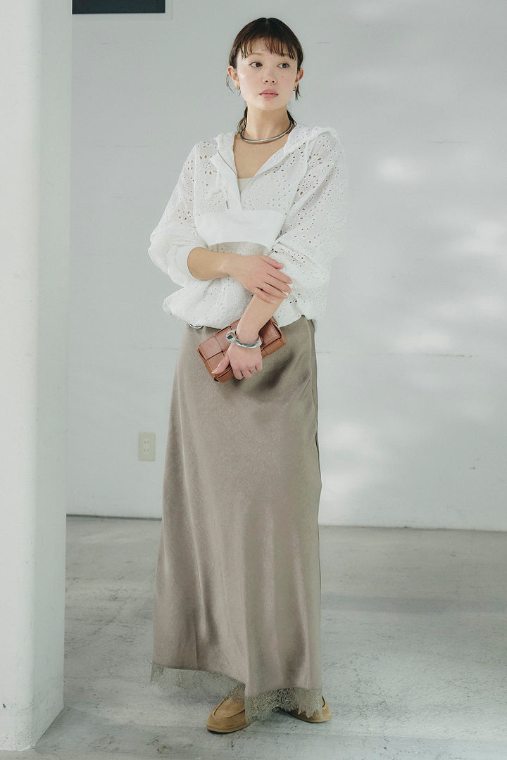 [SET]レースハーフジップアップフーディー+バイアスナローサテンスカート(2set)