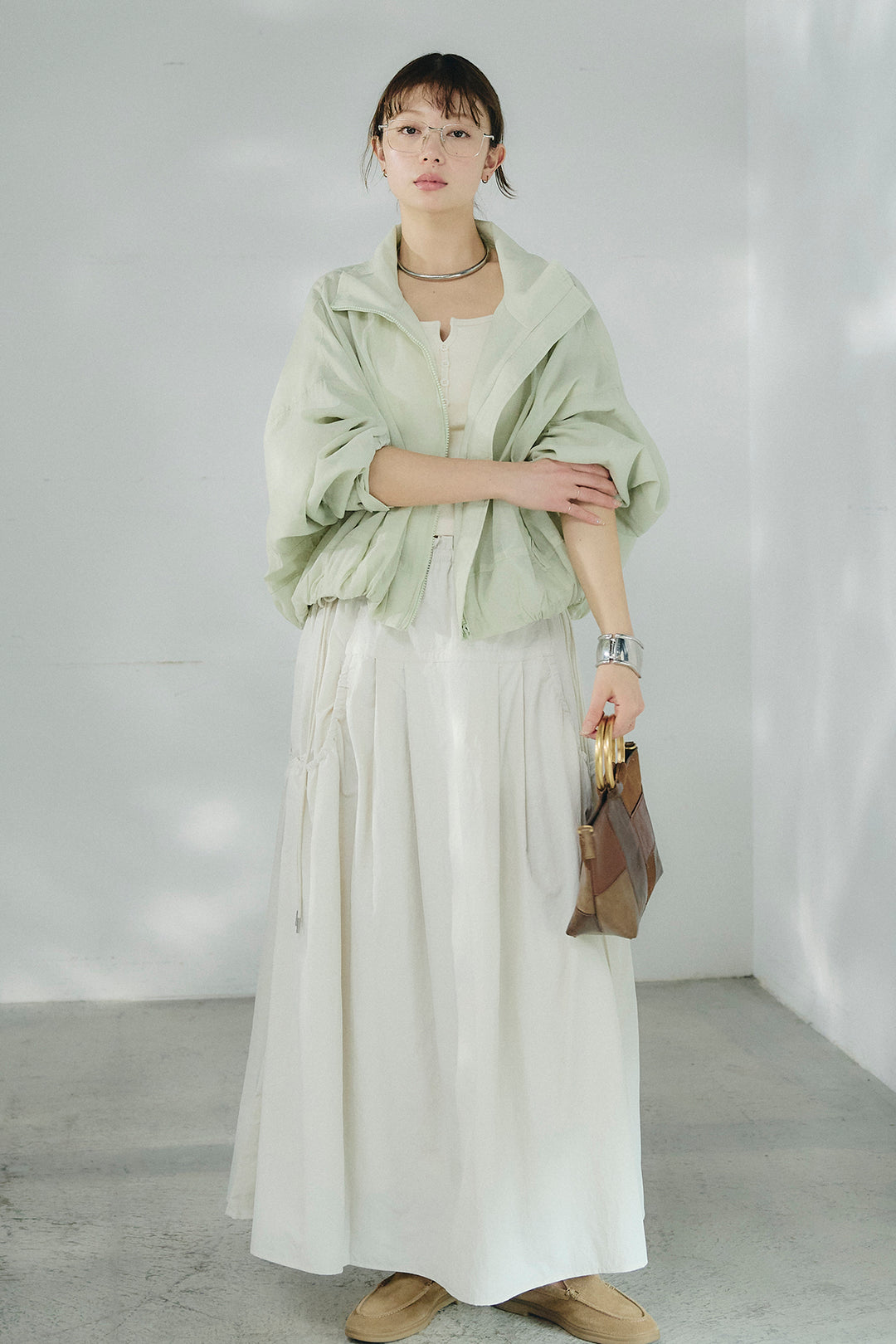 [SET]スタンドネックシアーブルゾン+ナイロンデザインフレアスカート(2set)