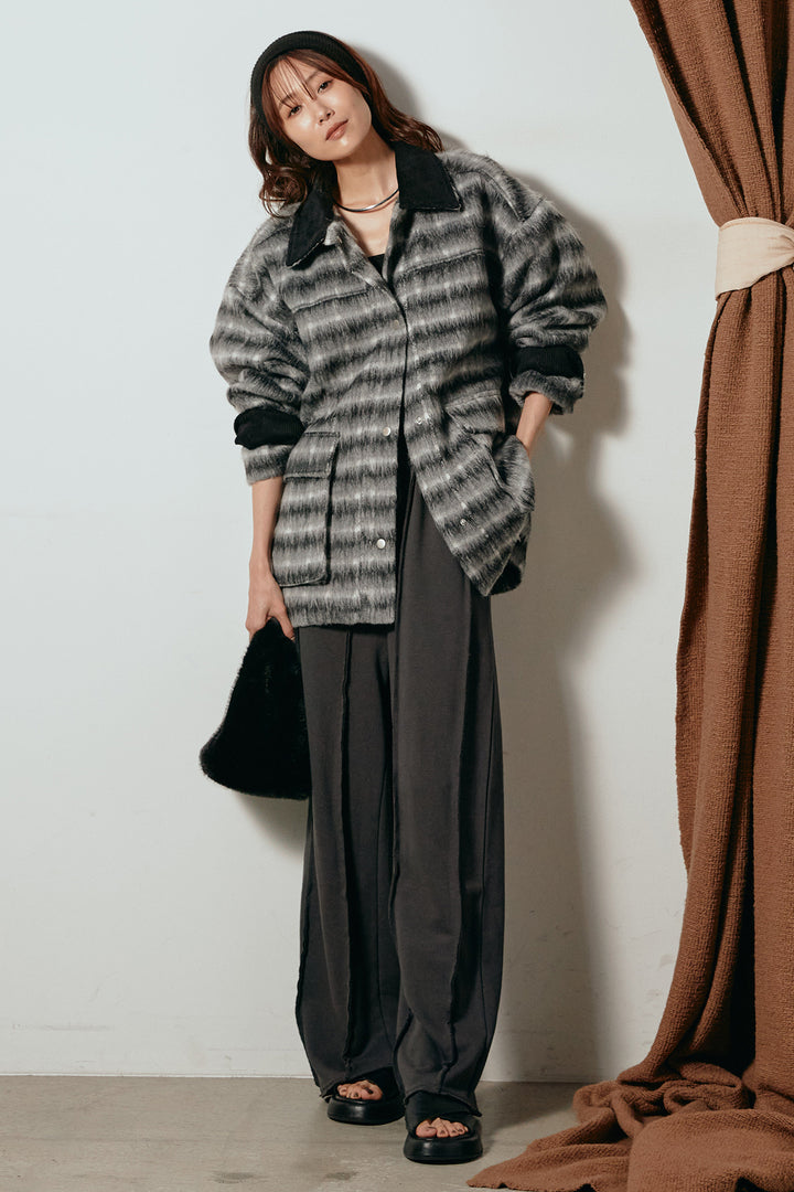 [SET]チェックシャギーミドルカバーオール+フロントラインデザインワイドスウェットパンツ(2set)