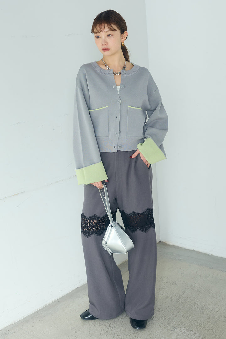 [SET]レーヨンポリダブルフェイスカーディガン+レース刺繍切替ワイドパンツ(2set)