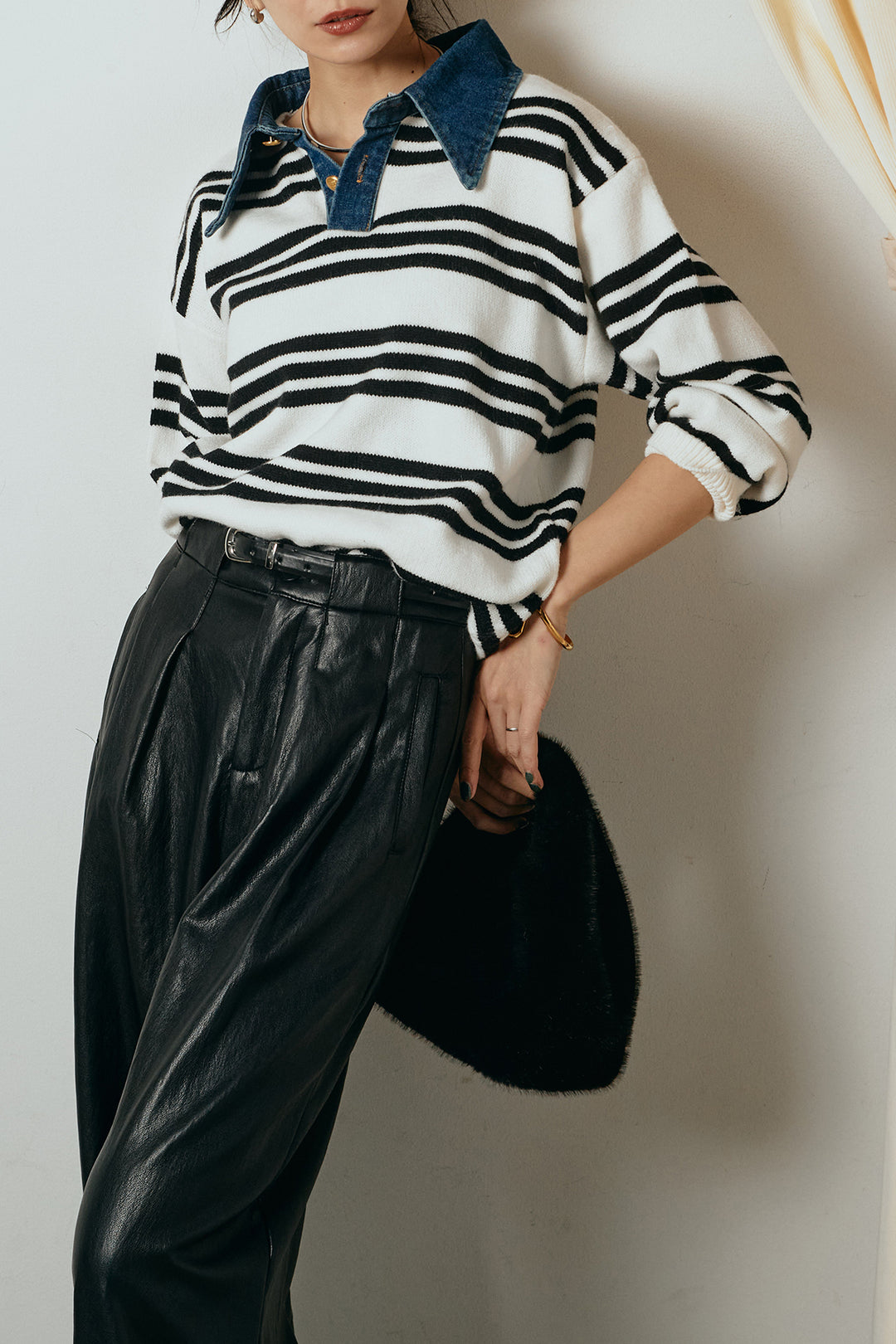 [SET]デニムレイヤード風ランダムボーダーニットプルオーバー+ベルト付きレザーライクタックパンツ(2set)