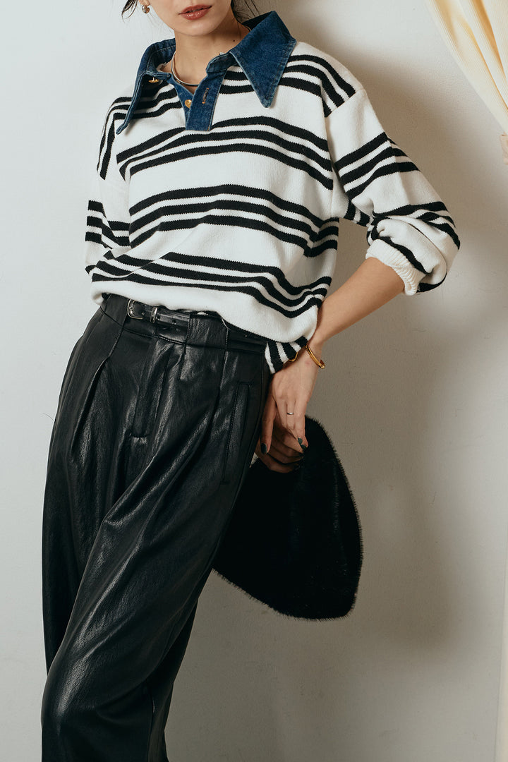 [SET]デニムレイヤード風ランダムボーダーニットプルオーバー+ベルト付きレザーライクタックパンツ(2set)