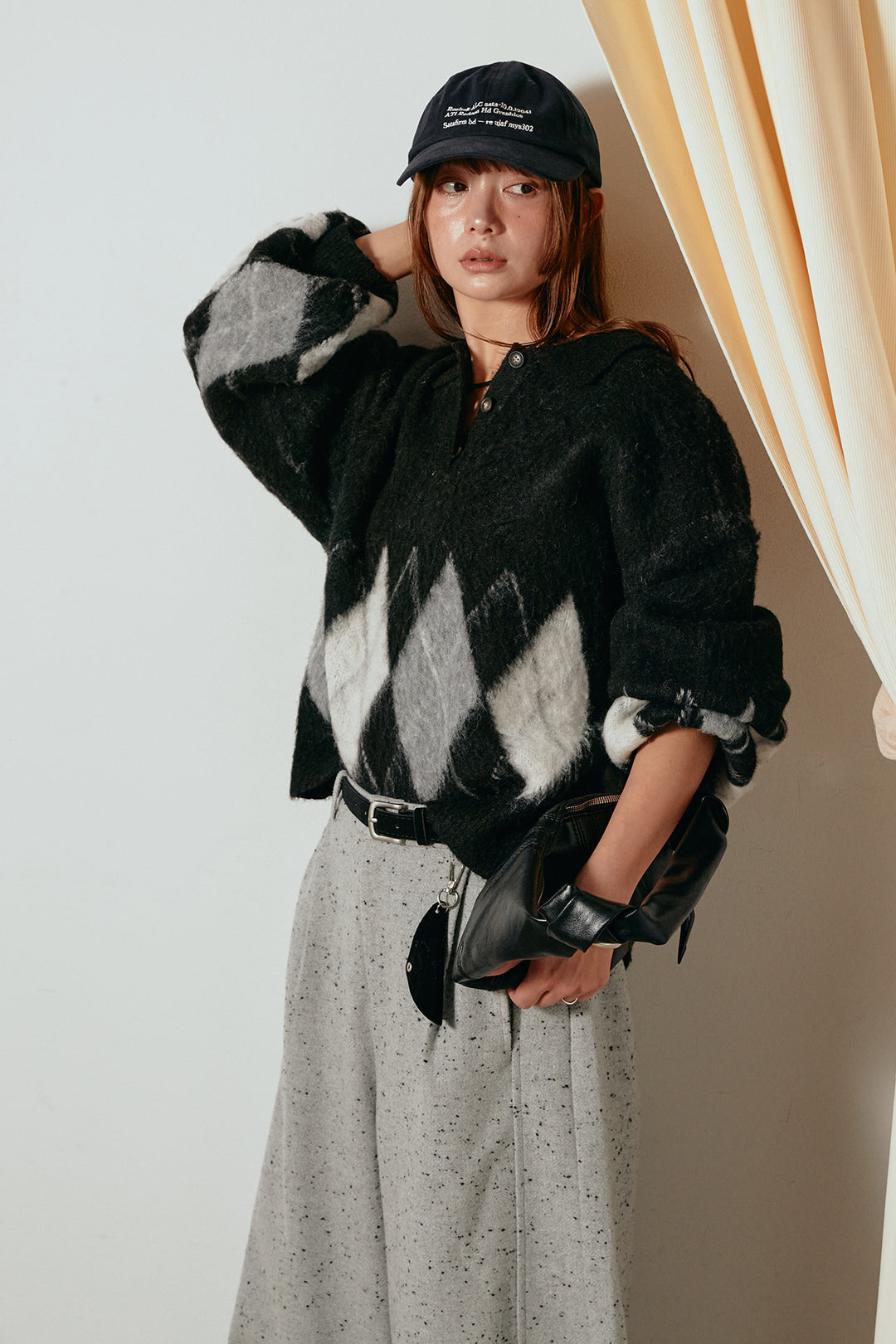 [SET]アーガイル柄ポロニットトップス+ベルト付きネップツイードカーブパンツ(2set)