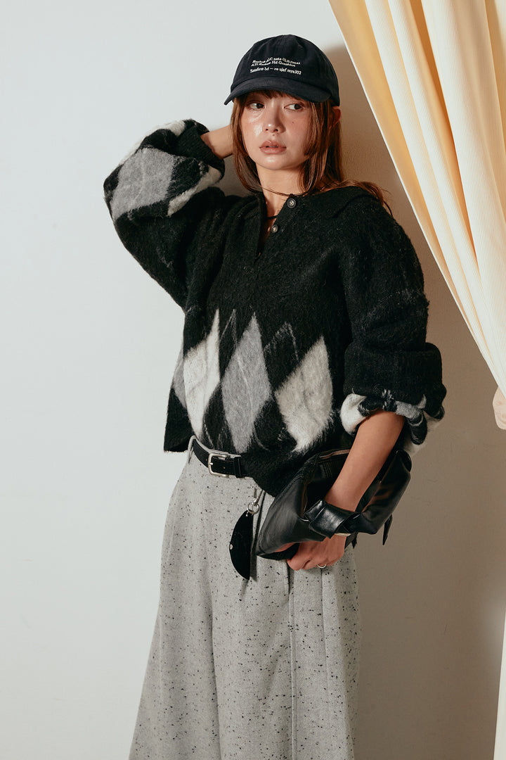 [SET]アーガイル柄ポロニットトップス+ベルト付きネップツイードカーブパンツ(2set)