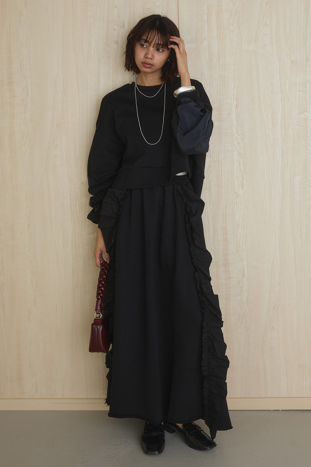 [SET]アームパッチスウェットプルオーバー+ビッグフリルスウェットロングスカート(2set)