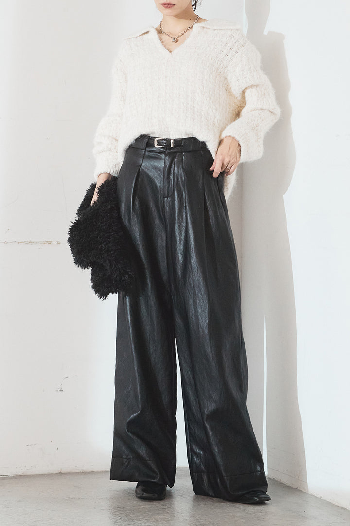 [SET]襟付きVネックニットトップス+ベルト付きレザーライクタックパンツ(2set)