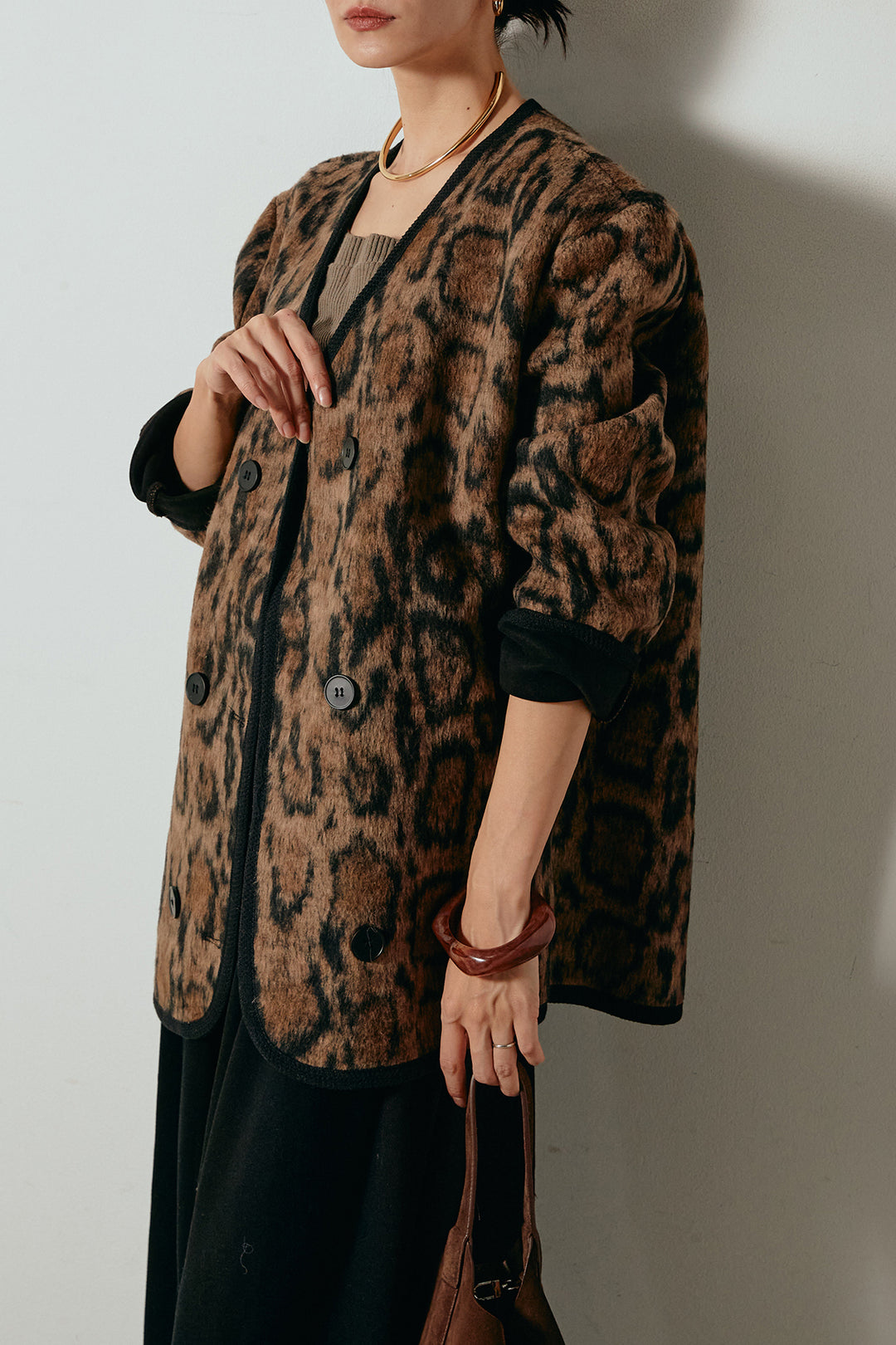 [SET]ノーカラーレオパード柄アウター+フェイクレザー太ベルト付きタックワイドパンツ(2set)