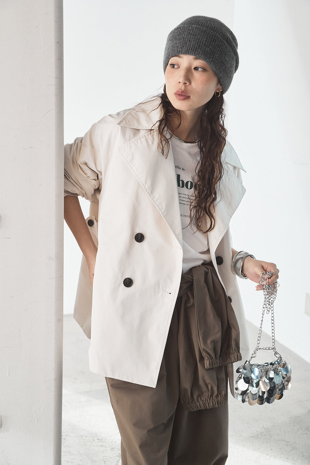 [SET]ナイロントレンチコート+合繊ツイルスタンドウエスト巻きジョガーパンツ(2set)