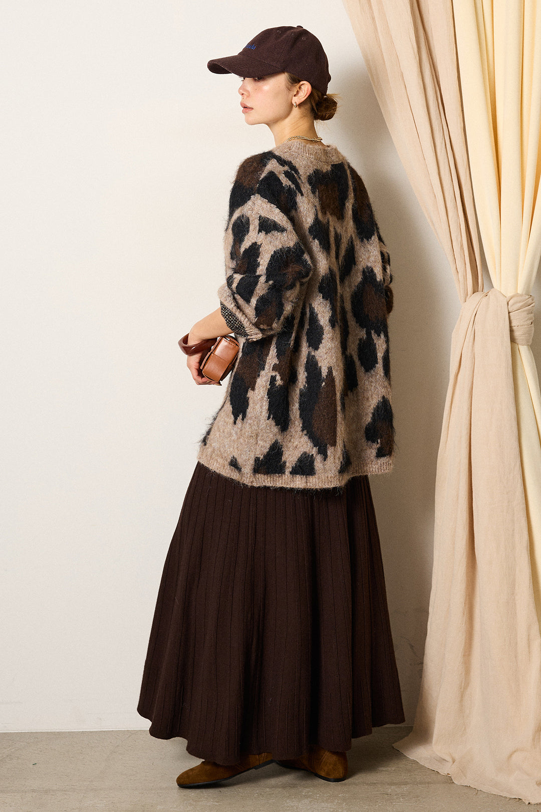 [SET]ルーズアニマルモヘアニットトップス+編み地切り替えフレアニットスカート(2set)