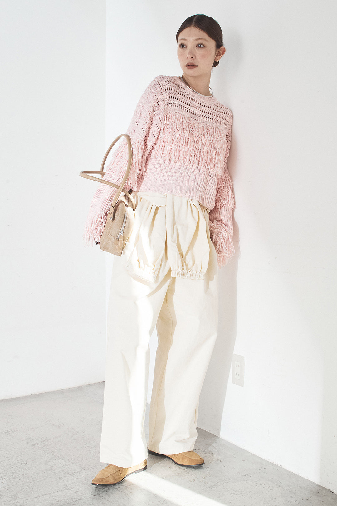 [SET]メッシュフリンジ切り替えプルオーバー+合繊ツイルスタンドウエスト巻きジョガーパンツ(2set)