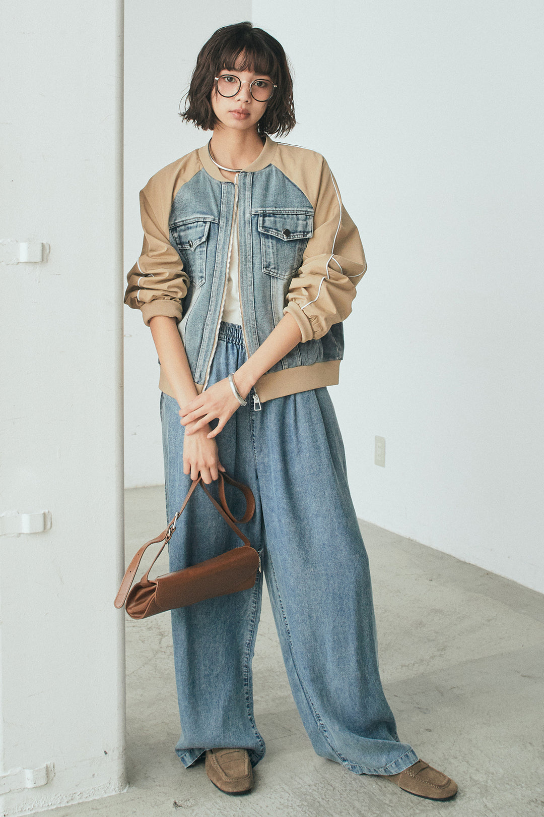 [SET]ナイロンデニムドッキングブルゾン+テンセルデニムイージーワイドパンツ(2set)