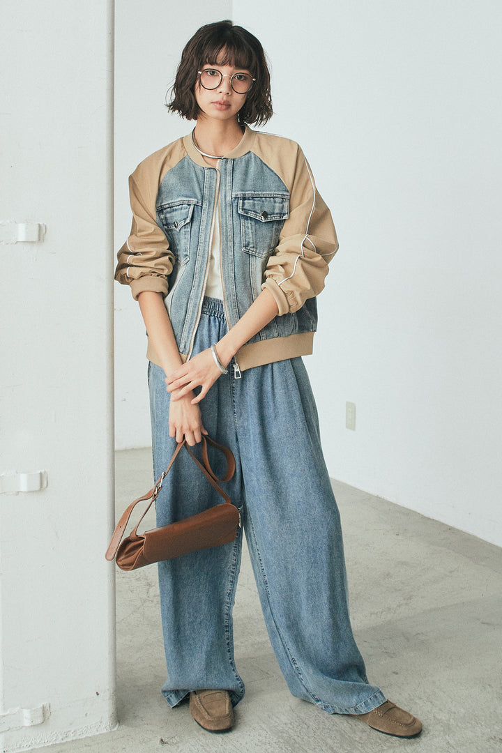 [SET]ナイロンデニムドッキングブルゾン+テンセルデニムイージーワイドパンツ(2set)