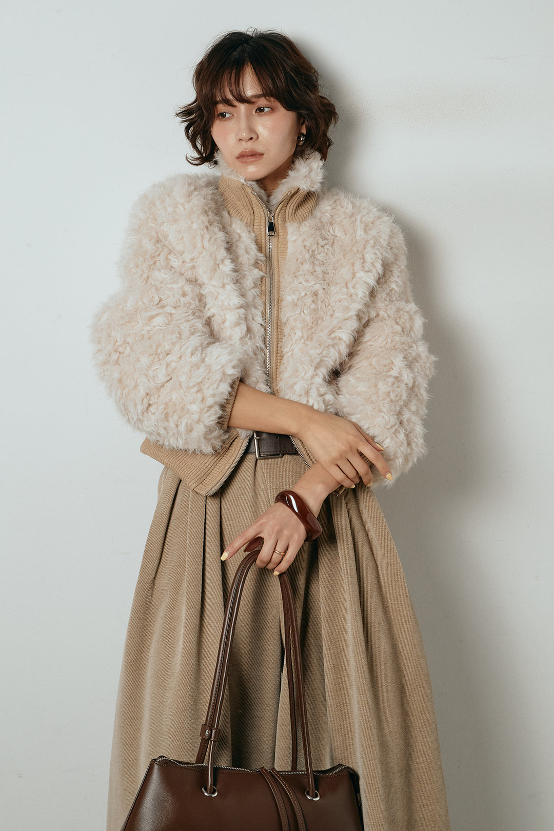 [SET]ハイネックショート丈ボアジップブルゾン+ベルトループコーデュロイワイドパンツ(2set)