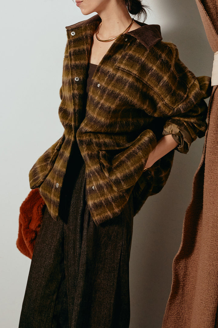 [SET]チェックシャギーミドルカバーオール+フェイクレザーベルト付きスウェードライクワイドパンツ(2set)