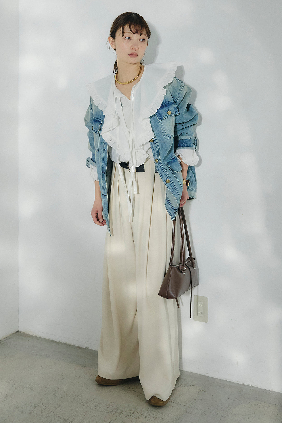 [SET]ノーカラーデニムポケットジャケット+コットンフリルブラウス+ベルト付きタックデザインハイウエストロングパンツ(3set)