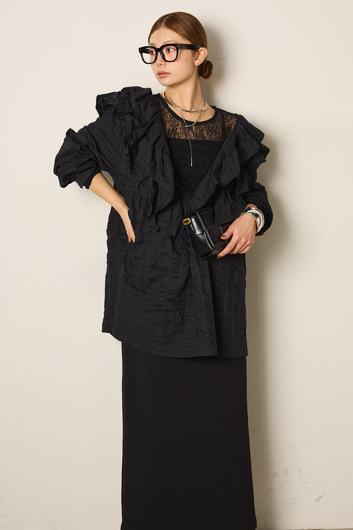 [SET]Vネックフリルカラーブラウス+ストレッチレースクルーネックインナー(2set)