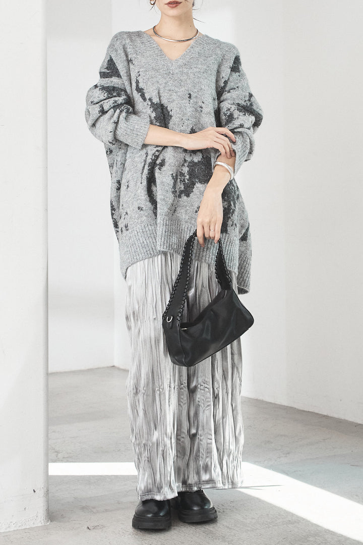[SET]アブストラクト柄ニットプルオーバー+ベロアロングプリーツスカート(2set)