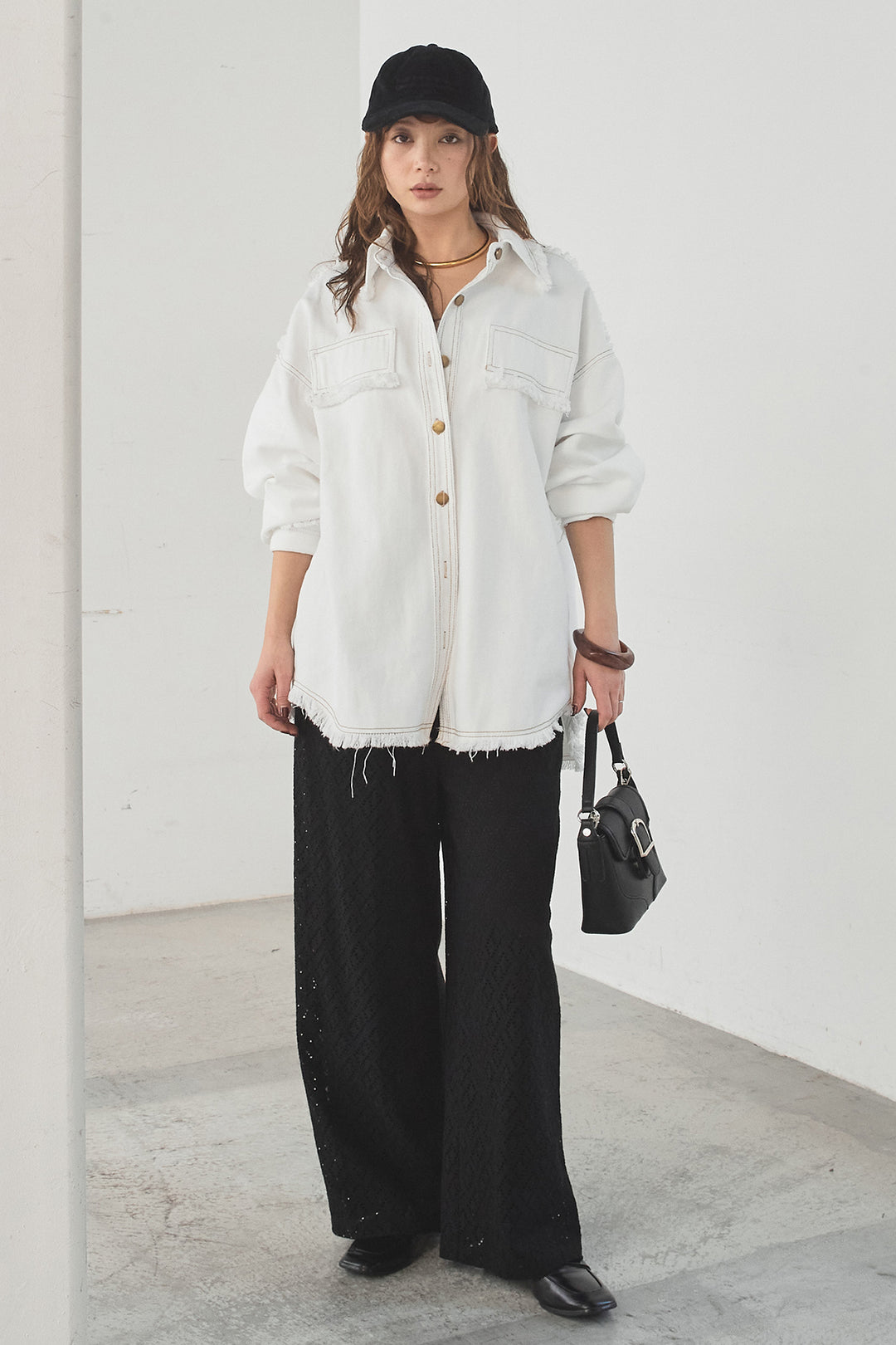 [SET]フリンジデニムジャケット+ダイヤ柄レースロングイージーパンツ(2set)