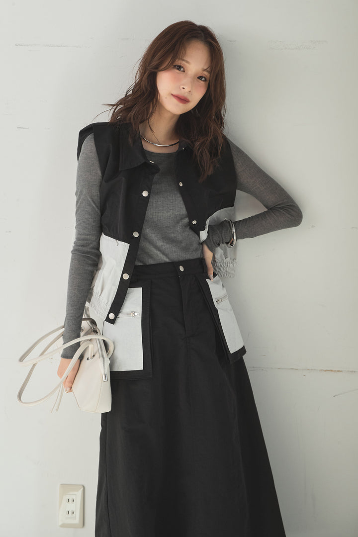 [SET]襟付きナイロンベスト+サイドデザインナイロンスカート(2set)