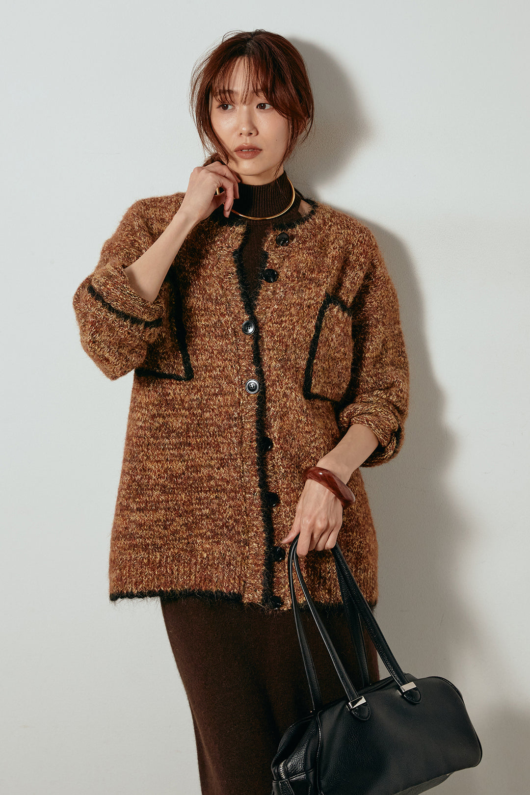 [SET]ミックスニットポケットカーディガン+ノースリーブニットロングワンピース(2set)