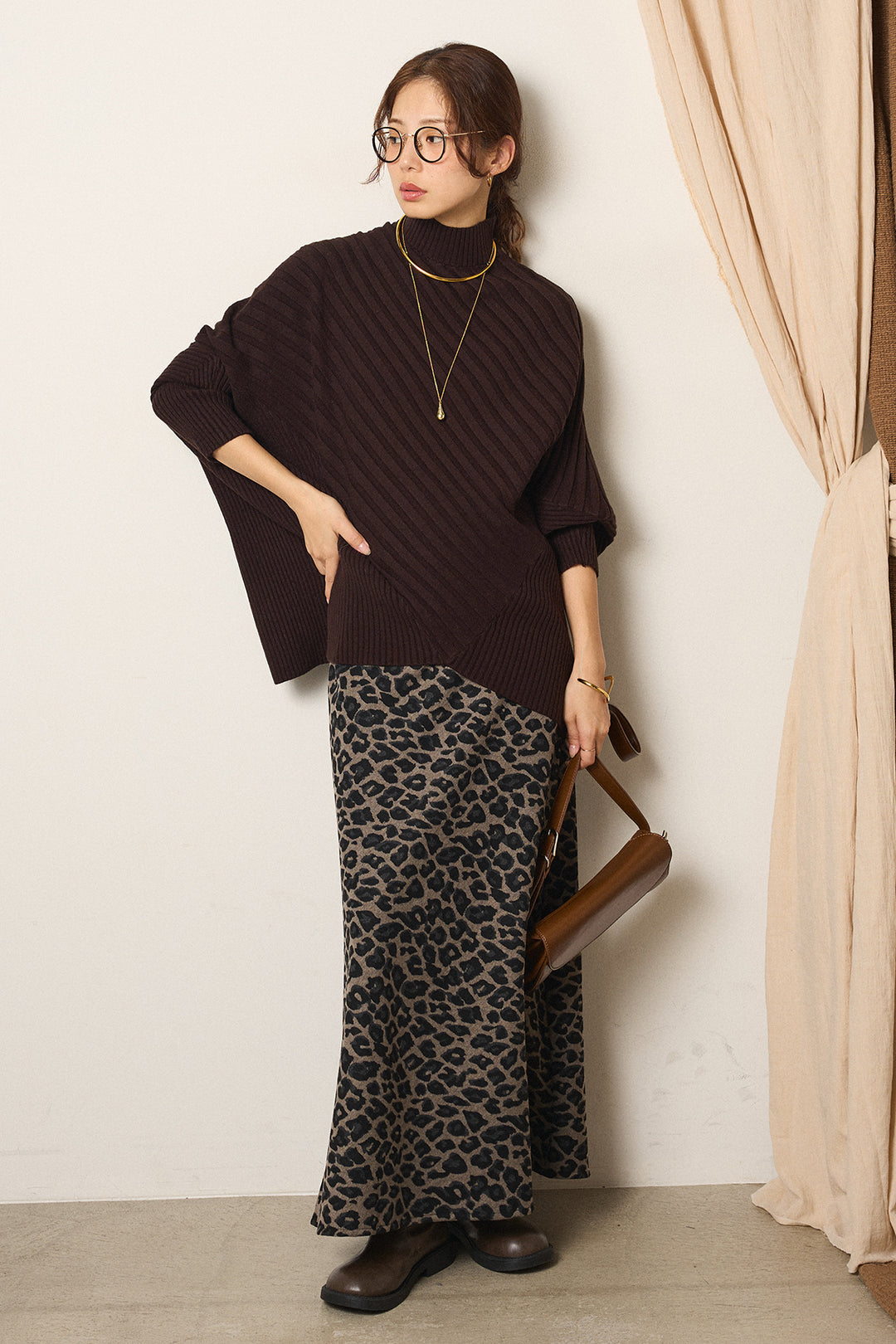 [SET]アシメデザインリブポンチョニットトップス+レオパードロングスカート(2set)