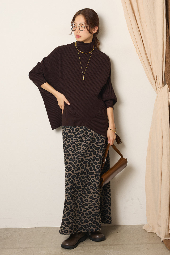 [SET]アシメデザインリブポンチョニットトップス+レオパードロングスカート(2set)