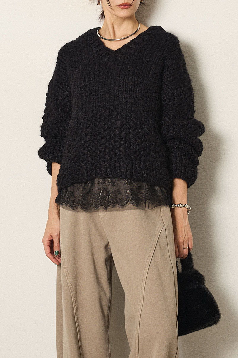 [SET]Vネックハンド編みニットトップス+レース切り替えキャミソール(2set)