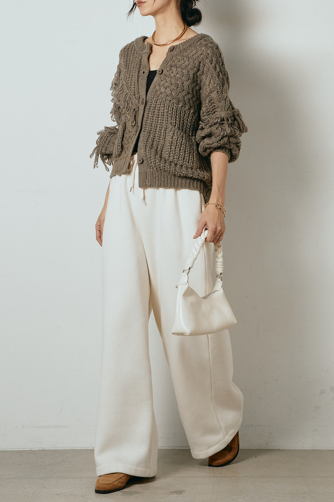 [SET]ランダムフリンジニットカーディガン+裏起毛スウェットワイドパンツ(2set)