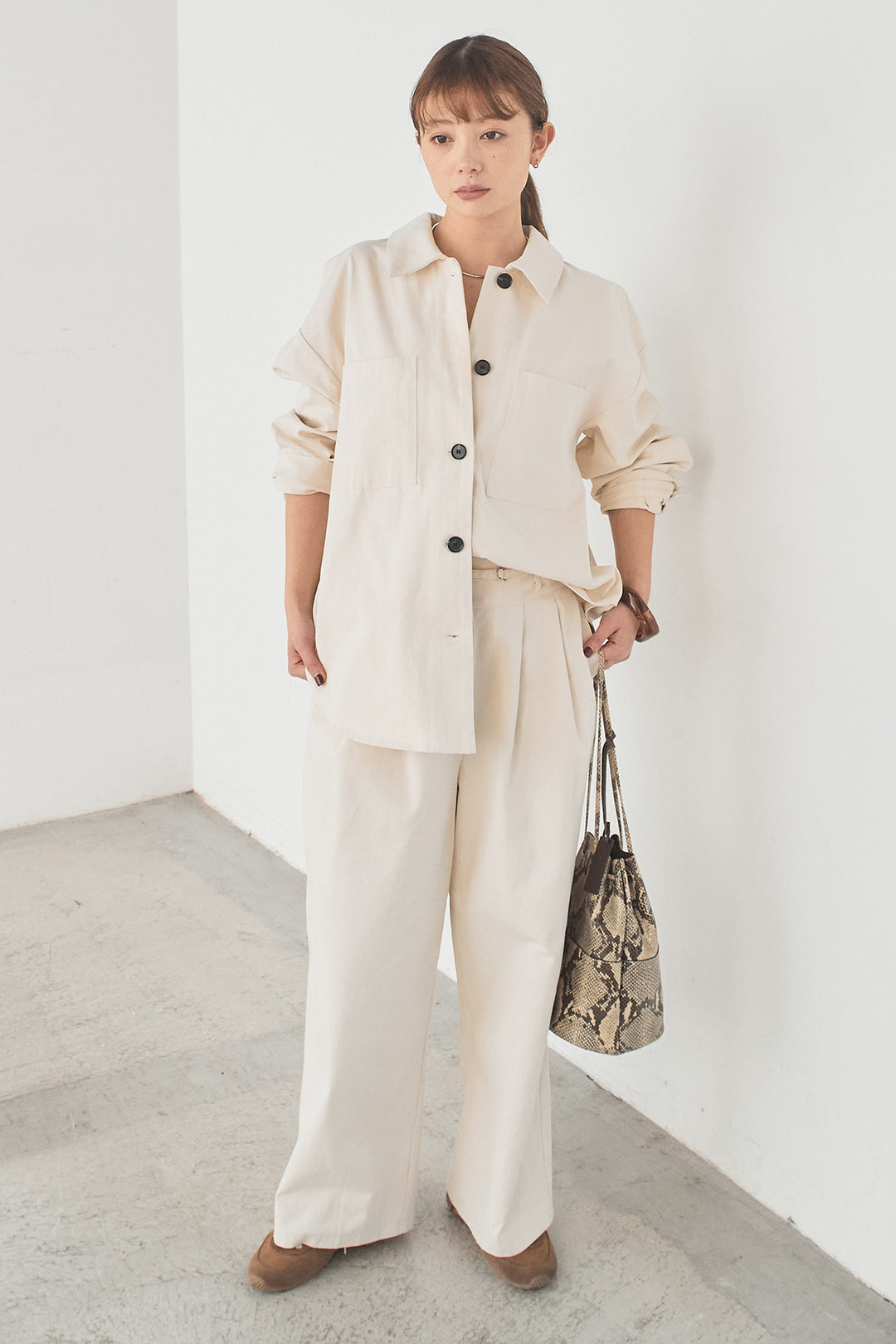 [SET]ツイルシャツジャケット+ツイルハイウエストタックパンツ(2set)