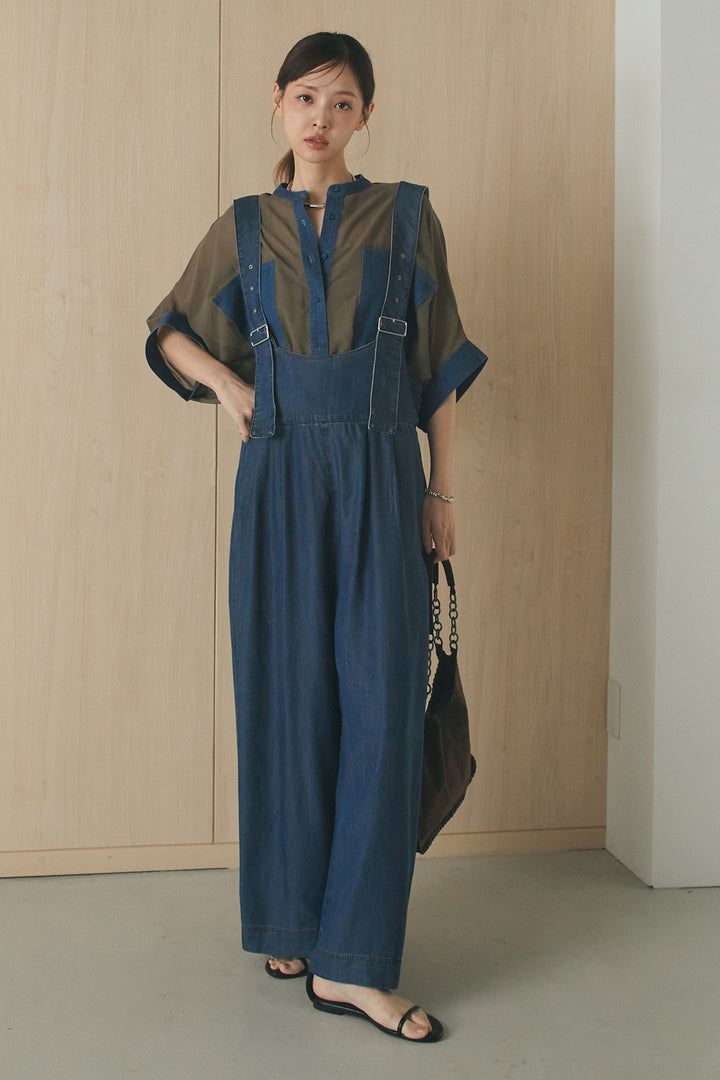 [SET]デニムライクビッグツーポケシアーシャツ+前後2WAYテンセルデニムサロペット(2set)