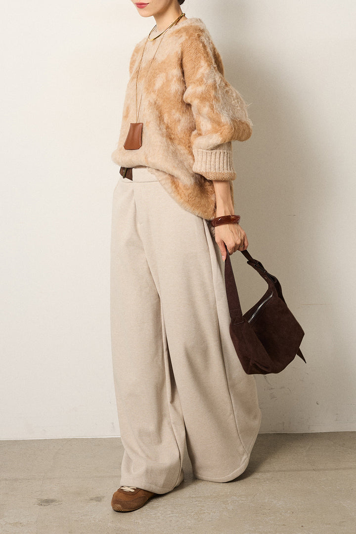 [SET]モヘアタッチマーブルニット+サイドベルトパンツ(2set)