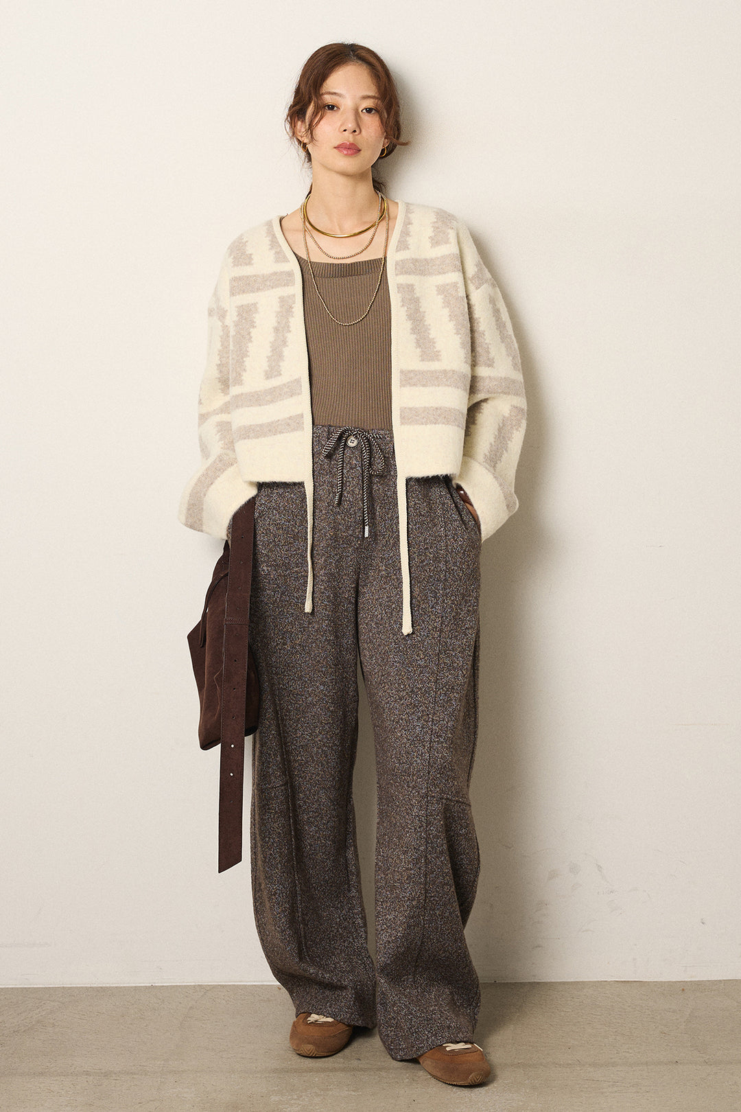 [SET]幾何学柄ノーカラーカーディガン+杢ニットフレアパンツ(2set)