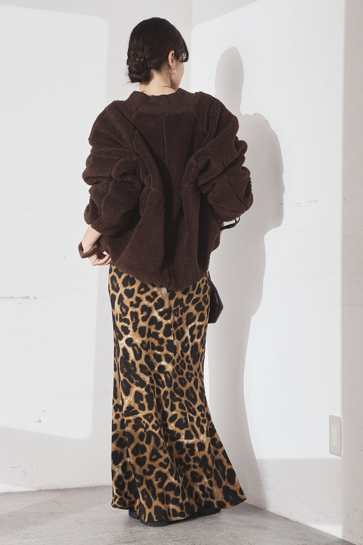 [SET]ノーカラーリブボアアウター+レオパードサテンナロースカート(2set)