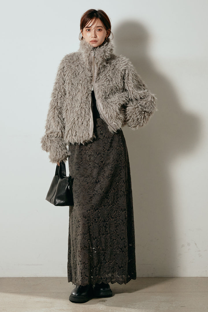 [SET]ミックスシープファースタンドブルゾン+花柄刺繍ベロアフレアスカート(2set)