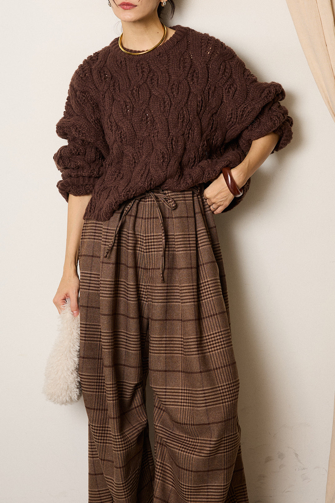 [SET]ケーブルリラックスショートニット+グレンチェックルーズタックパンツ(2set)