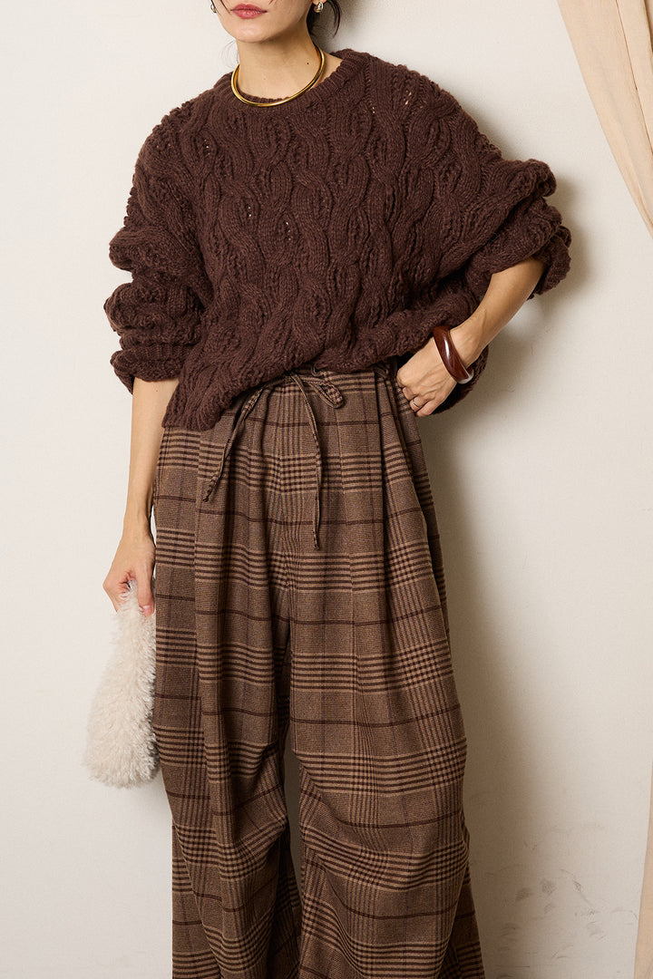 [SET]ケーブルリラックスショートニット+グレンチェックルーズタックパンツ(2set)