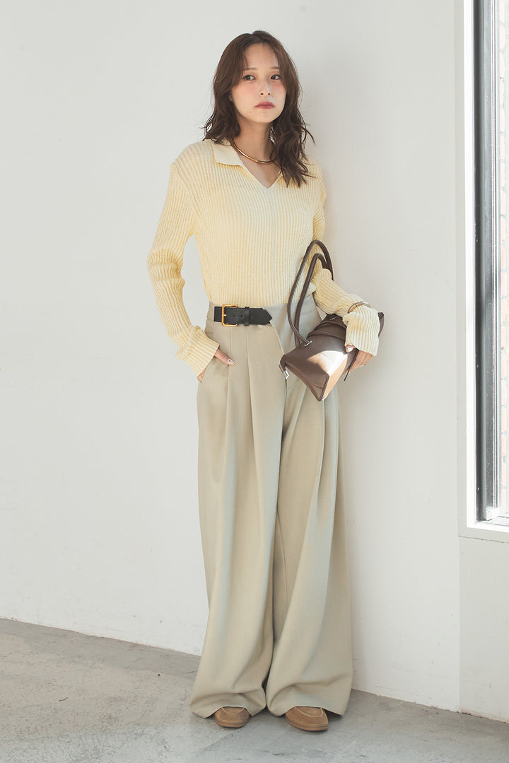 [SET]衿付きニットプルオーバー+サイドベルトタック入りスラックス(2set)