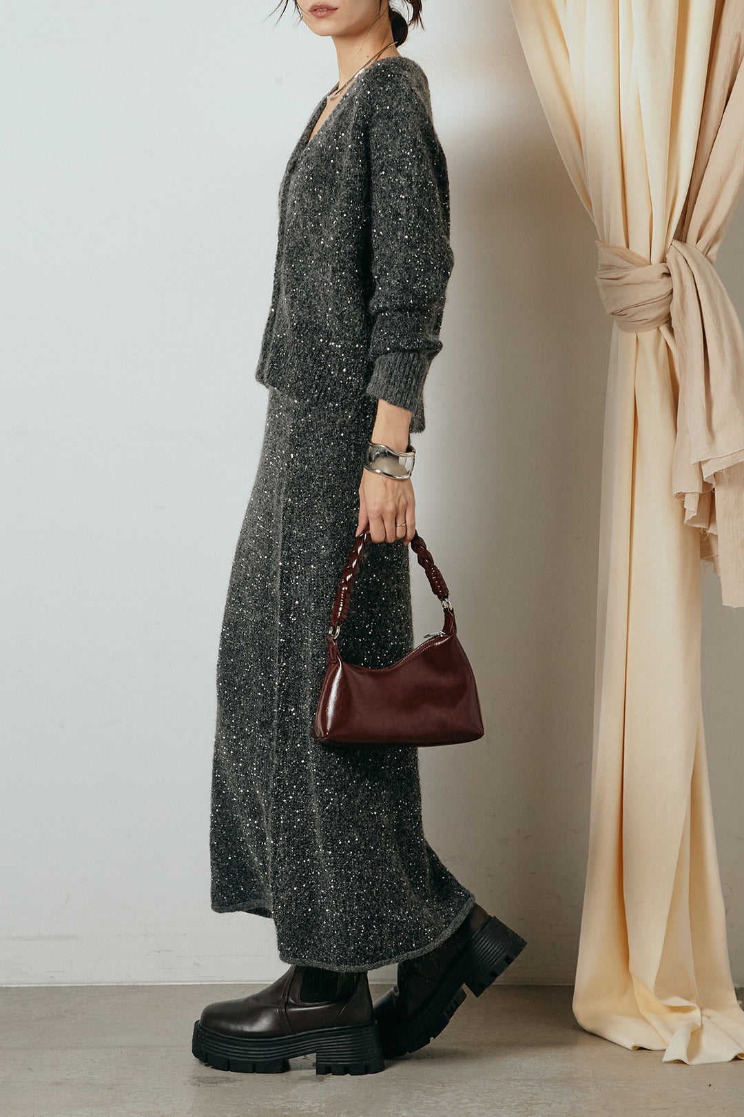 [SET]ミニラメニットカーディガン+ミニラメニットスカート(2set)