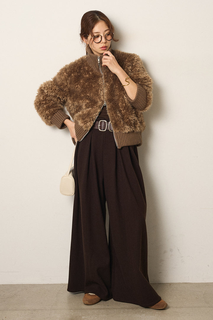 [SET]ハイネックボアブルゾン+フェイクレザー太ベルト付きタックワイドパンツ(2set)