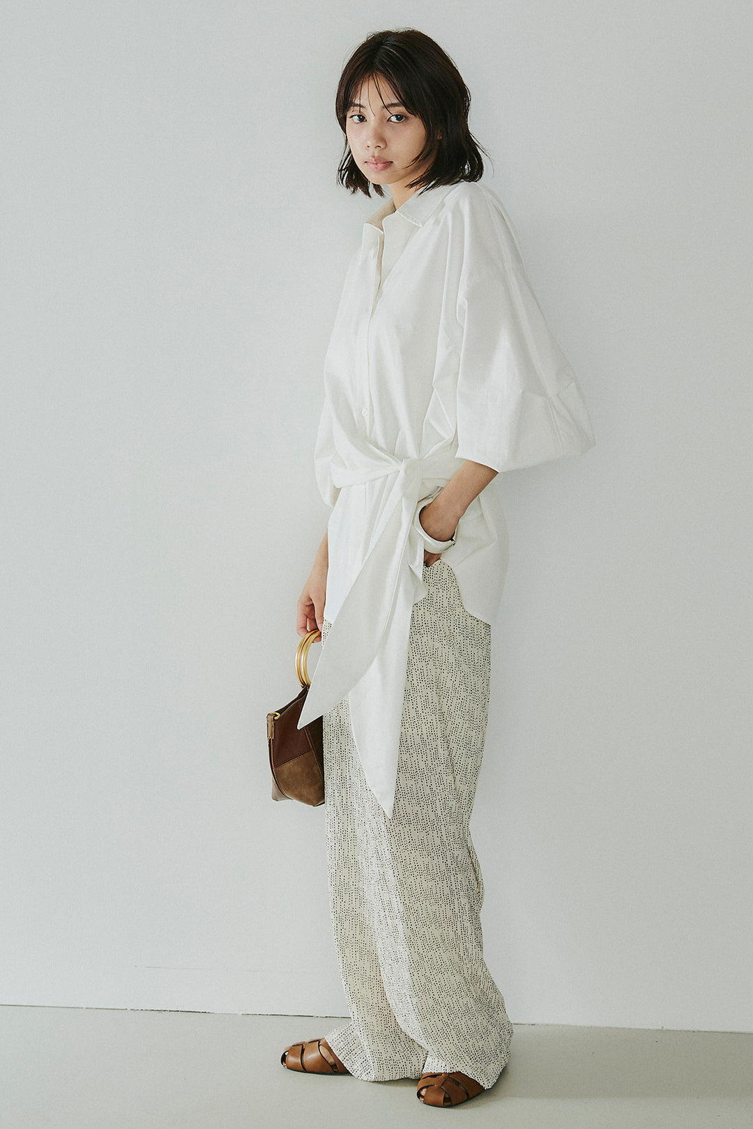 [SET]襟付き巻きデザインシャツ+シアーランダムドットラフパンツ(2set)